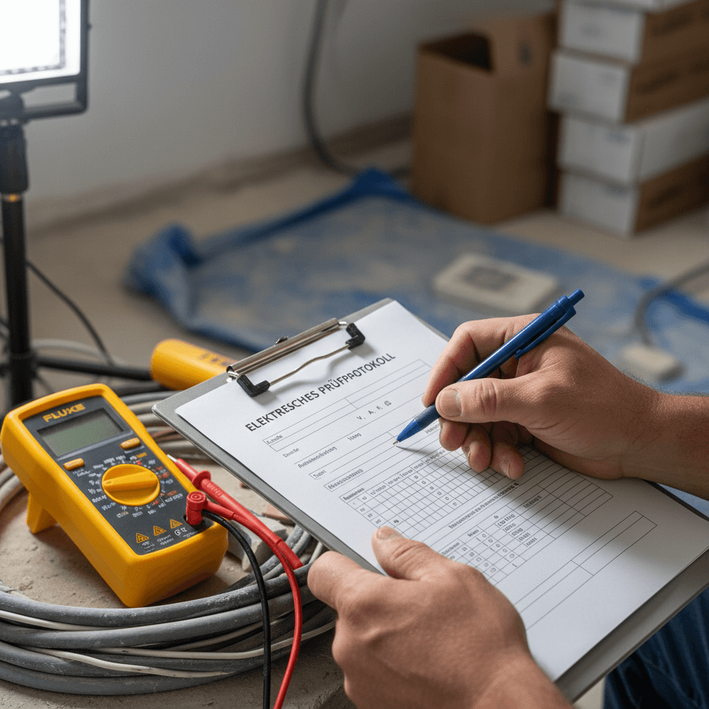 Prüfprotokoll Elektroanlage wird ausgefüllt mit Messgerät im Hintergrund