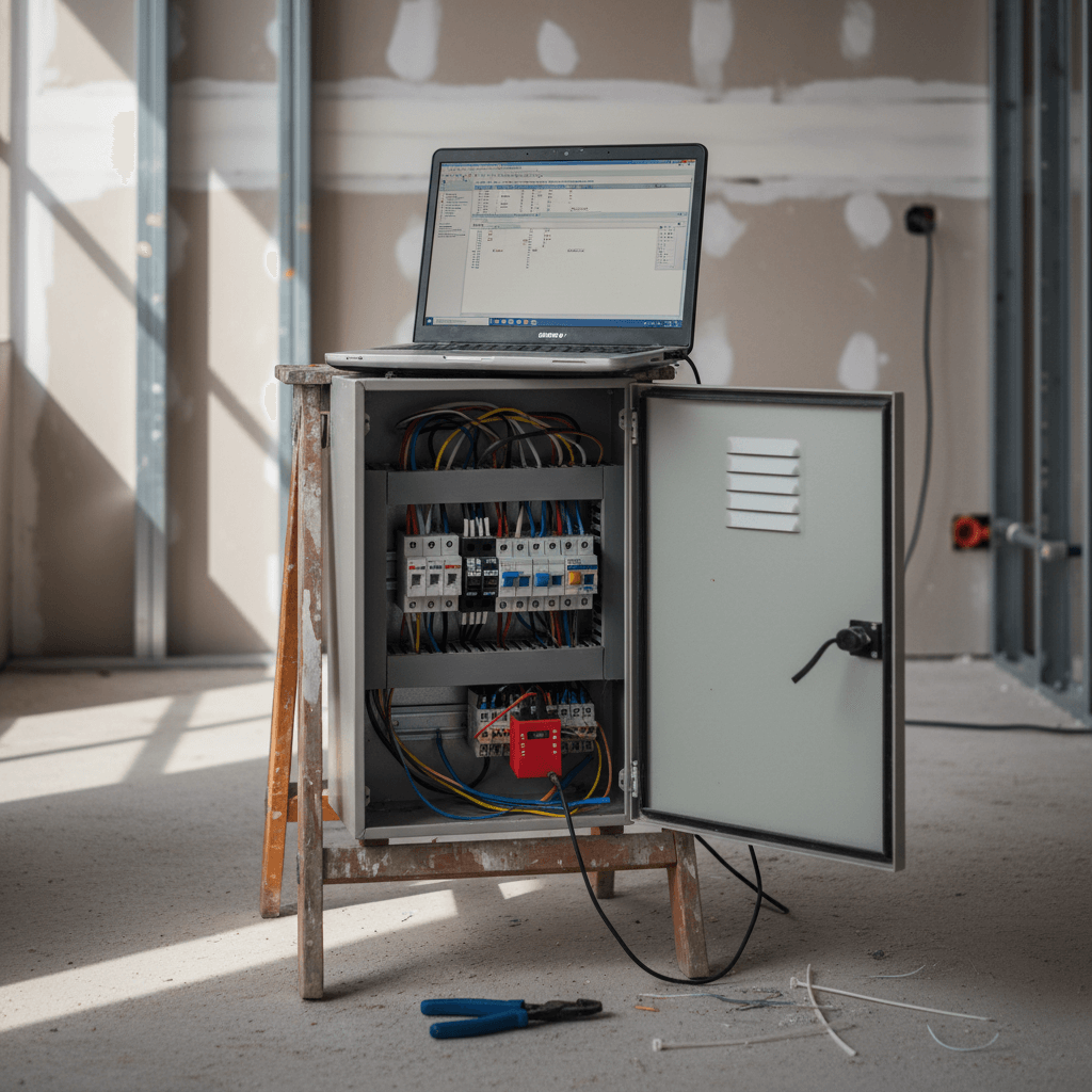 Installation einer KNX Steuerung mit Laptop und Werkzeug