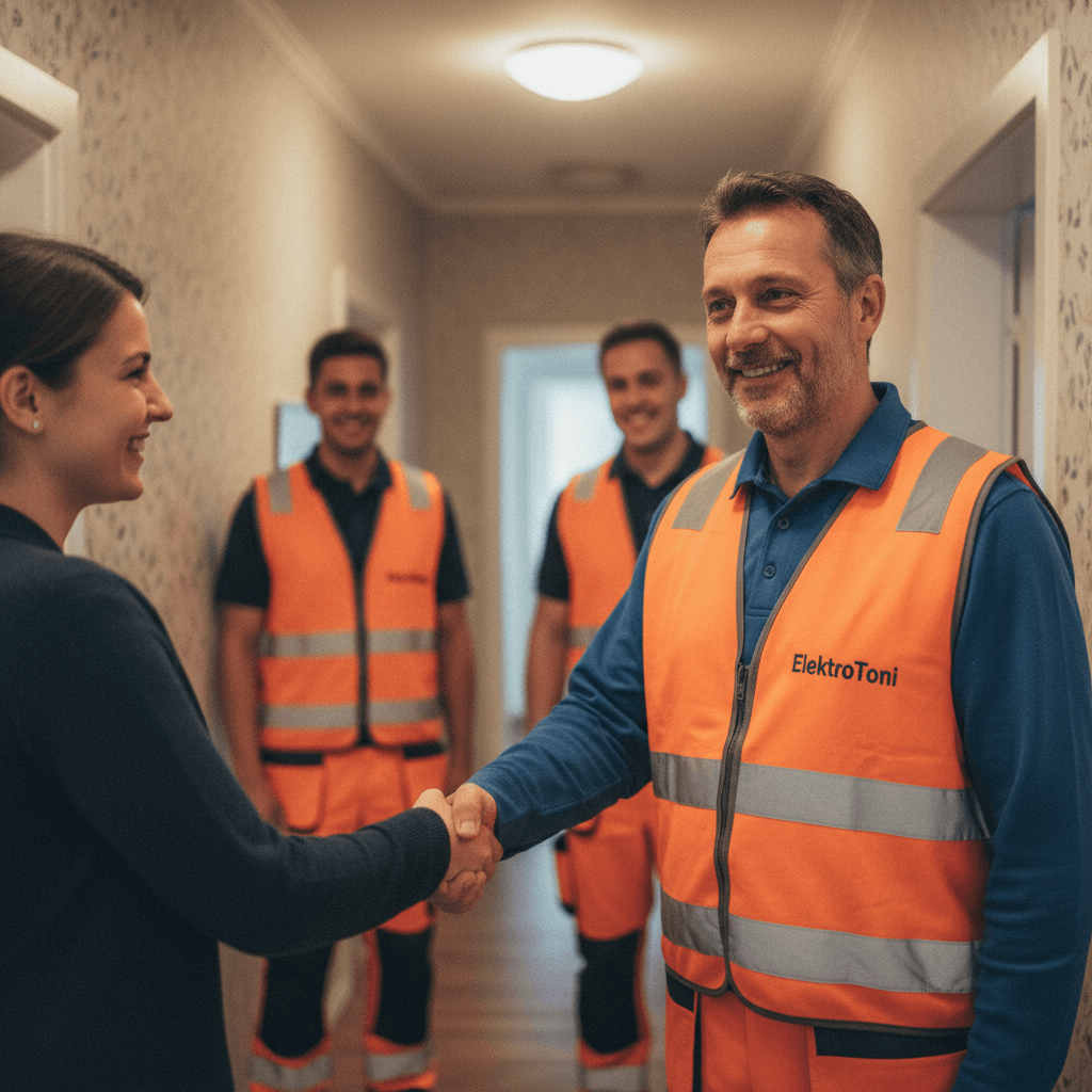Freundlicher Handwerker beim Händeschütteln mit einem zufriedenen Kunden